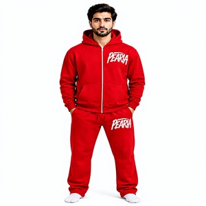 Ensemble de survêtement rouge pour homme, sweat à capuche zippé et pantalon de jogging en molleton uni, personnalisable avec logo ODM sur le devant, vêtements de sport décontractés pour l'hiver, coupe classique 350g - Product Image 1