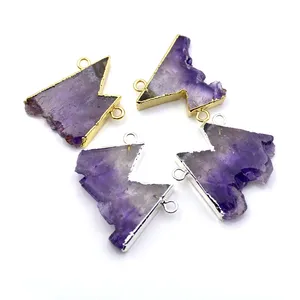 Colgante en forma de letra Irregular para fabricación de collares, Conector de amatista Natural chapada en oro/plata, color morado