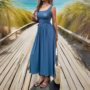 Vestido Largo Casual sin Mangas para Mujer, Cuello Cuadrado, Cintura con Cordón, Estampado Azul, Línea A, Verano, Playa, Ecológico, Lavable - Product Image 2