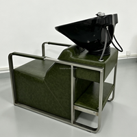 Fauteuil de lavage de cheveux de salon pivotant avec cadre en acier inoxydable, cuir huilé vert, bac en céramique noir
