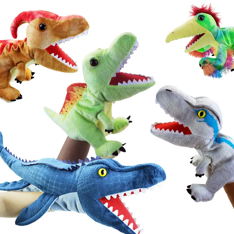 Marionetas de mano de animales de peluche marioneta de mano de dinosaurio de peluche con boca móvil para niños y niñas