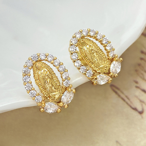 Aretes de Botón con Diseño Único, Listos para Enviar, Chapados en Oro de 18K, con Circonita Cúbica, Religiosos, de la Virgen María, para Mujer - Product Image 5