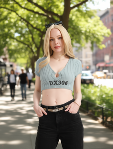 เสื้อครอปถักสำหรับผู้หญิง DX306 คอวี แขนสั้น พิมพ์ลายตัวอักษร สวมใส่สบาย 100% โพลีเอสเตอร์ สำหรับทุกฤดูกาล - Product Image 2