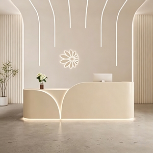 CR137 Custom Logo Marble Wood Reception Desk LED Trim Modern Curved Counter for Retail Hotel Salon Use High-End Look - Product Image 5