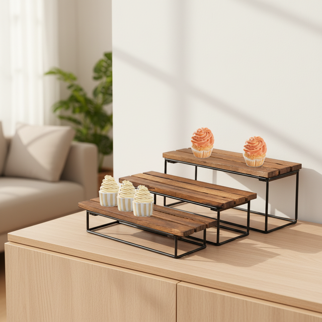 3-Tier Acacia Wooden & Steel Multifunction Cupcake Stand and Serving Tray Non-Folding Rack for Party Dessert Table Display Set