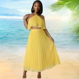 Conjuntos de Falda Larga Plisada sin Mangas con Cuello Halter y Espalda Descubierta en Color Sólido para Mujer, Disponibles en Stock, Moda Vacacional - Product Image 2