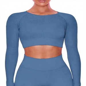 Women's Seamless Ribbed <b>Sweat</b>-Wicking Crew Neck Long Sleeve Crop <b>Top</b> & High Waist Shorts 2-Piece Yoga & Workout Activewear Set - Product Image 1