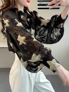 Nuova camicetta con stampa floreale <span class=keywords><strong>nera</strong></span> a manica a lanterna da donna camicette trasparenti Casual con protezione solare - Product Image 3