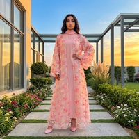 En stock – Nouvelle collection 2026 : Abaya de luxe respirante pour femme, style modeste, en dentelle unie, pour mariage et Aïd, avec hijab intégré – Printemps/Automne