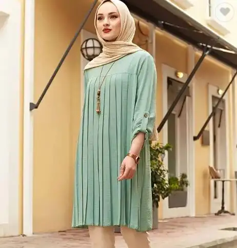 Chiffon Top Shirt musulmana modesta tinta unita Casual 2023 pieghettato da donna 100% lunghi in poliestere adulti a maglia Top lunghi per ragazze
