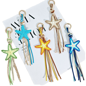 Portachiavi in rafia intrecciata a mano stile resort con stella marina, ciondolo colorato per borsa, regalo per vacanze al mare - Product Image 2