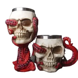 Resin Skullhead Beer Mug With Carving Octopus Tentacle Resin Tumbler Skull Drinking Mug Inner Melamine Wine Mug With Resin Cover