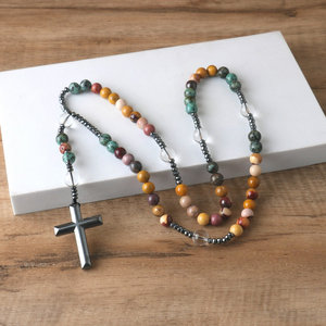 8mm Piedra Natural Moukaite católico Cristo Rosario collares meditación joyería Cruz colgante hombres collar - Product Image 4