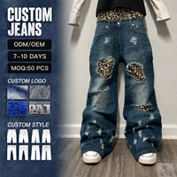 Jeans pour hommes OEM, jeans déchirés avec patch léopard, jeans vintage délavés, pantalons en denim baggy, jeans à double taille délavés à l'acide