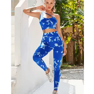 Cintura alta bunda levantamento Yoga calças das mulheres sutiã esportivo nova costura azul Royal Fitness Yoga Set