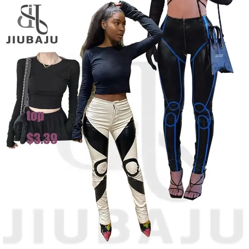 PU Pants Gothic Irregular Stripe Print Black Leather Trousers Punk Style Moto Biker Pencil Pants Racing