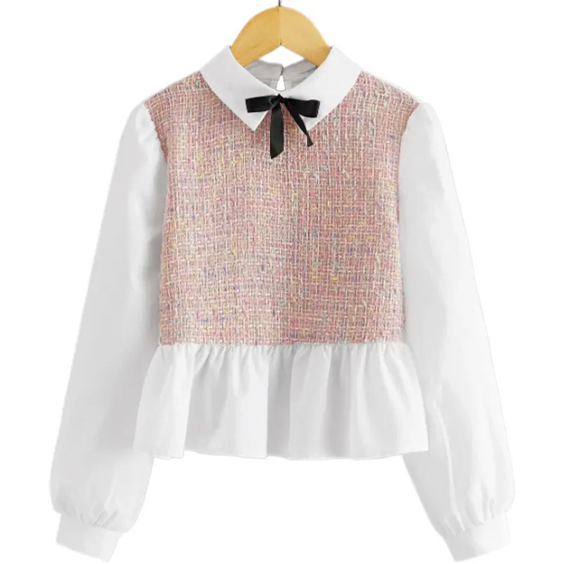 Blusa de peplum com inserção de tweed para meninas, blusa com inserção de tweed com painel de peplum para meninas
