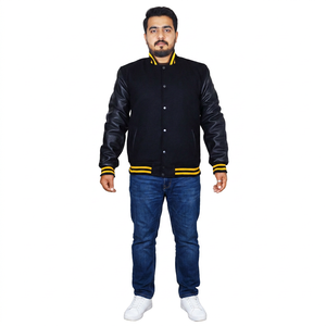 College Jacket Plain Letterman Style with Black <b>Leather</b> Sleeves Wool Body Winter Season Button Decoration - Product Image 1