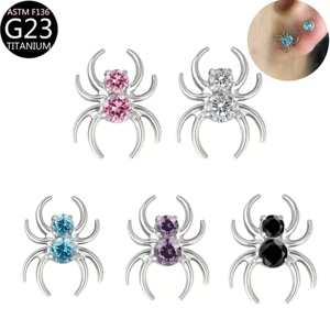 Pendientes de titanio G23 al por mayor con <span class=keywords><strong>doble</strong></span> circonita <span class=keywords><strong>en</strong></span> forma de araña, aretes de cartílago con parte trasera plana, anillos para labios, joyería para <span class=keywords><strong>piercing</strong></span> corporal - Product Image 1