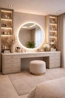 Table de maquillage de luxe sur mesure avec miroir LED, meuble de rangement moderne pour chambre à coucher