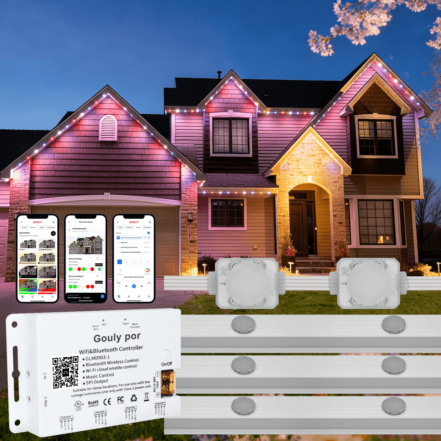Gouly 4-Wire 48V Permanent Outdoor LED Pixel Lights RGBW Aluminum Track IP68 Smart App Control for Christmas House Roof Lighting