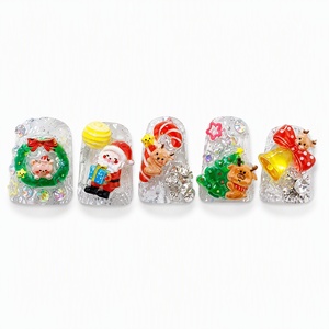 Uñas Postizas Navideñas con Brillo, Puntas de Uñas con Dibujos Animados en 3D, Cobertura Completa con Pedrería, Reutilizables, para Mujer - Product Image 4