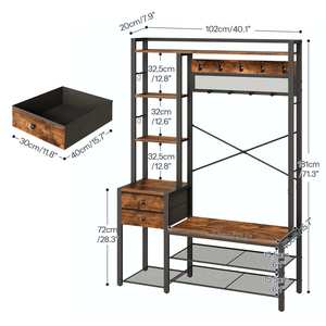 Porte-manteau industriel en gros, style vintage en bois et métal avec banc à <span class=keywords><strong>chaussures</strong></span>, marron rustique pour entrée et couloir - Product Image 3
