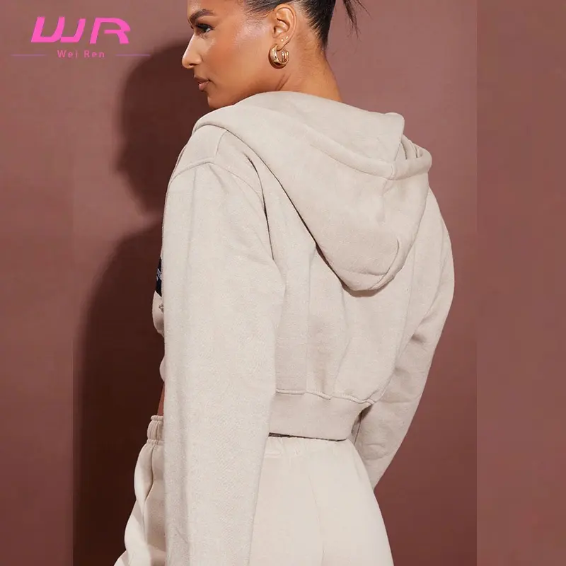 Wholesale Women Casual Solid Streetwear Long Sleeve With Zipper Pocket Hooded Sweatshirt Crop Top Zip Up Hoodie