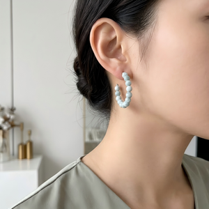 Boucles d'oreilles créoles LY 925 en larimar bleu avec pierre en forme de boule, plaqué rhodium, style classique pour femme, cadeau de fête, bijoux - Product Image 1