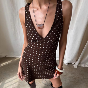 Vestido Mini Sexy para Mujer, Color Marrón con Puntos, Cinturón Tejido, Escote Profundo en V, Lazo en la Espalda, Estilo Línea A, Ideal para Fiestas y Vacaciones de Verano - Product Image 1