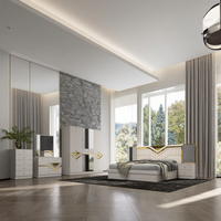 Ensemble de lit double King Size avec cadre en bois massif, nouveau design, tête de lit avec miroir éclairé, mobilier de chambre à coucher moderne et luxueux pour hôtel