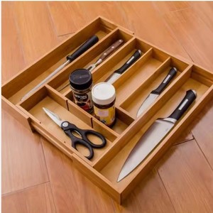 Organizador de cajones de cocina de bambú, bandeja rectangular de madera para cubiertos, almacenamiento de vajilla que ahorra espacio - Product Image 3