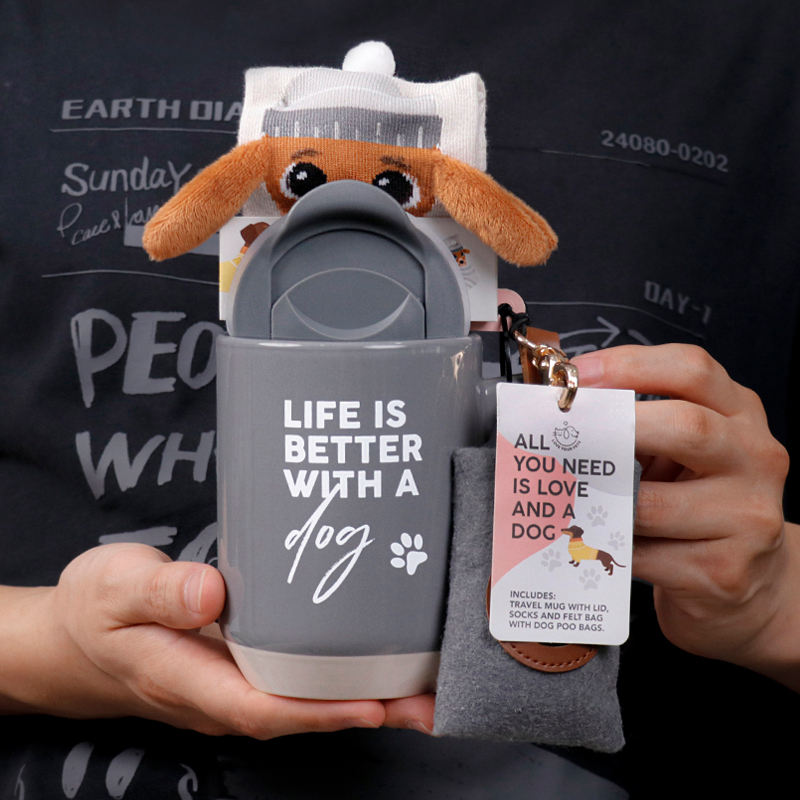 Cute Puppy 39-42 Socks+Stoneware Mug+Felt Bag With Dog Poo Bag Novelty