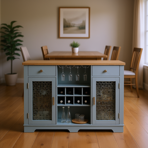 Meuble bar moderne style ferme, bleu clair, chêne clair, 56,46W, porte vitrée, 2 tiroirs, casier à vin, autoportant - Product Image 2