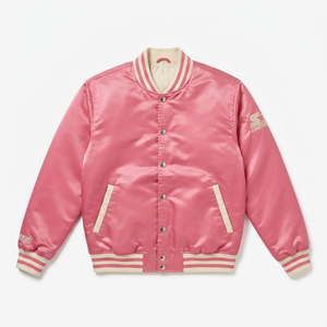 <b>Pink</b> Woolen Polyester Filled Satin <b>Waterproof</b> Knitted Varsity <b>Jacket</b> Men Stand Collar Button Front Bomber Style Outerwear Winter - Product Image 1