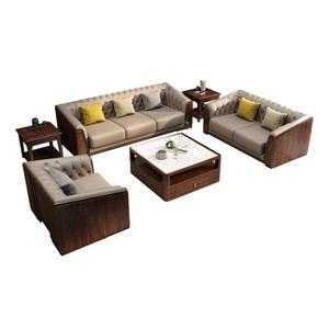 <b>Walnut</b> Solid Wood Sofa Living Room Set 1-3 Seater Genuine Leather Tufted Chinese Minimalist Style - Product Image 5