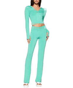 Ensemble 2 pièces sportif Hottie pour <span class=keywords><strong>femme</strong></span> : Crop top à capuche zippé imprimé lettres et pantalon évasé rayé, tenue moulante extensible sexy et stylée - Product Image 3