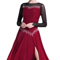 Robe de danse de salon bordeaux pour femme, robe de compétition et d'entraînement, en spandex, polyester, strass, sans manches, maille, adulte