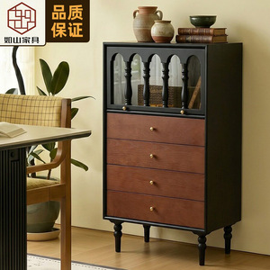 French Retro Solid Wood <b>Chest</b> Of Drawers With Glass Front Living Room <b>Storage</b> Cabinet For Home Decor - Product Image 1