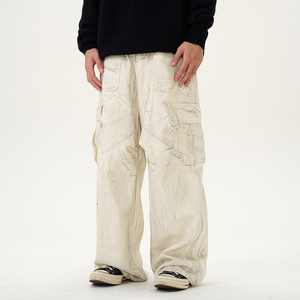Amerikan Retro moda yıkama beyaz kargo pantolon özel erkekler cep tasarım yapılan kirli düz kot erkekler yüksek sokak Baggy kot - Product Image 2