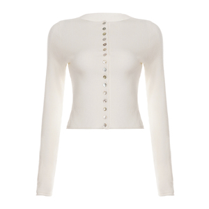 Suéter de Punto de Color Sólido con Botones, Top de Manga Larga con Cierre de un Botón para Mujer, Jersey Informal Básico, Moda Coreana Y2K - Product Image 6