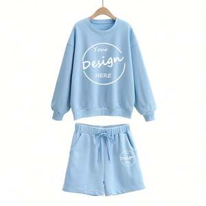 Pantalones cortos holgados de alta calidad bordado deportivo liso francés Terry polar azul cuello redondo sudadera de gran tamaño conjunto de mujer - Product Image 5