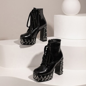 US Size 15 Large Size 48 for Big Feet Women's New Short <b>Boots</b> Lace up With Rivets Stud <b>Platform</b> Shoes Heels Chunky Booties - Product Image 5