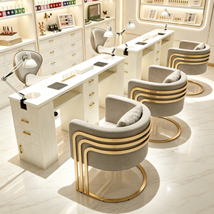 Ensemble de table de manucure avec plateau en marbre et tiroirs, poste de travail moderne pour salon de beauté avec chaise de manucure rembourrée en crème assortie - Product Image 3