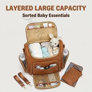 Mochila de Pañales de Material PU de Lujo <span class=keywords><strong>con</strong></span> Clips para Cochecito y USB |   Bolsa Convertible de Gran Capacidad para Viajes y Uso Diario, Montable <span class=keywords><strong>en</strong></span> Cochecito - Product Image 4