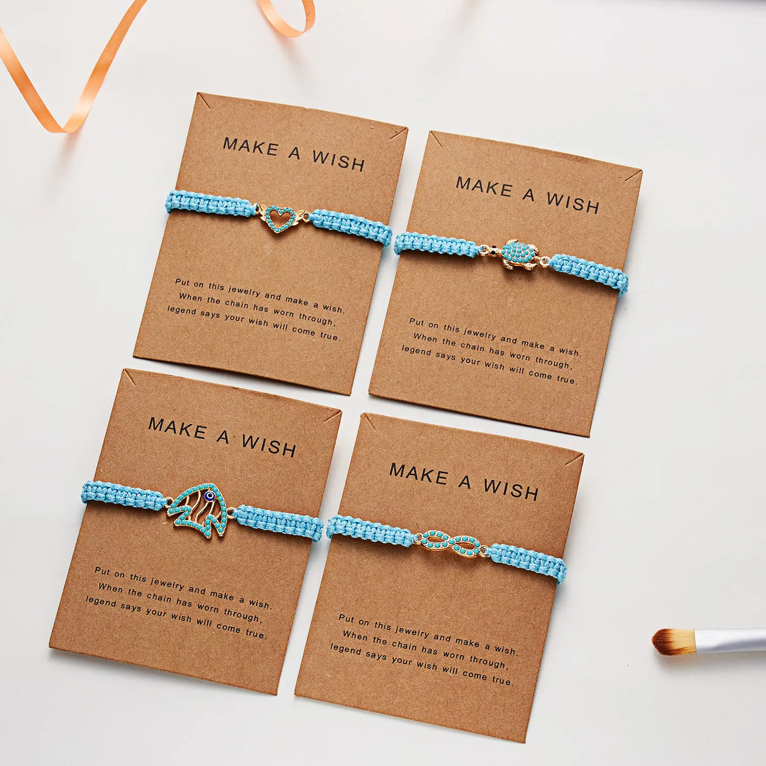 Hot Selling Handmade Wish Paper Card Turquoise Charm Blue Rope Adjustable Braided Bracelets Boho Plain Color Thread Bracelet