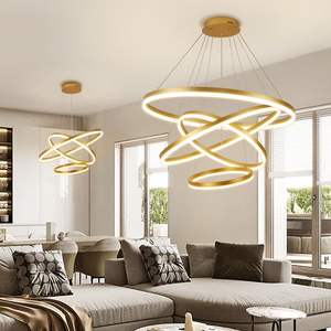 Candelabro de diseño de círculo de iluminación de celo Anillo de acero inoxidable luz colgante LED moderna de oro - Product Image 1