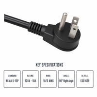 Cordon d'alimentation R-022 NEMA 5-15P, 3 broches, 16AWG, 3C, 13A, 125V, UL