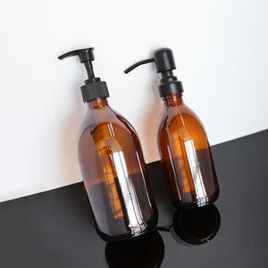 Frasco de vidrio ámbar grueso Dispensador de desinfectante de manos <span class=keywords><strong>Baño</strong></span> con bomba de acero inoxidable negro mate 12 oz Botella redonda Boston transparente - Product Image 5