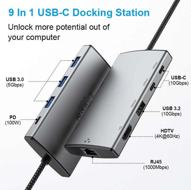 Type-C Aluminum Alloy Expansion Dock 9-in-1 Hub for DMI Adapter 4K60Hz Extension USB 3.1 Splitter PD100W Fast Charging Stock